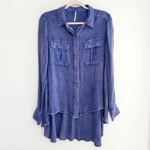 Free People One Of The Guys Drawstring Cinch Back Button Down Blue XS